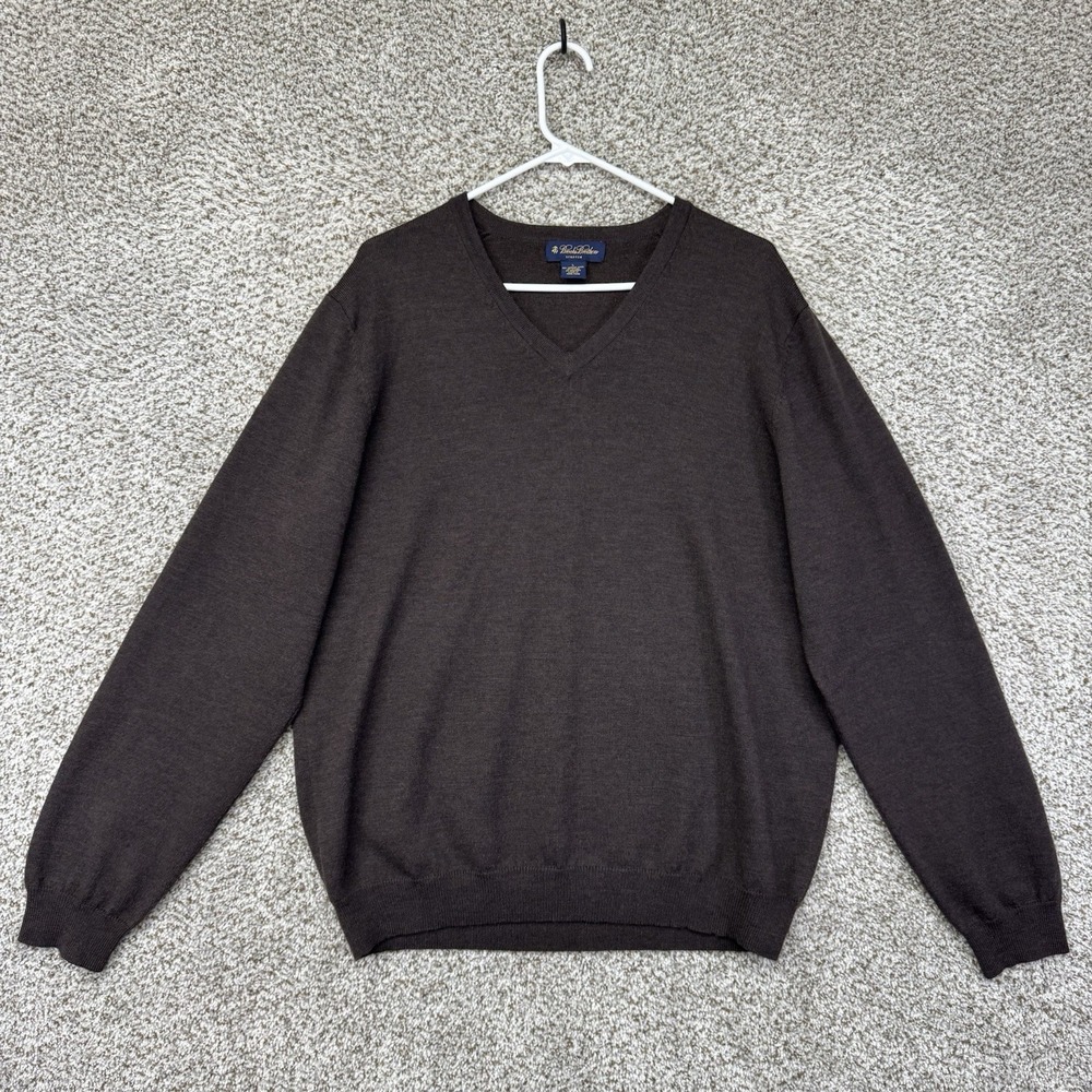 Brooks Brothers Stretch V Neck Sweater Men's Size Large Brown Merino Merino Wool